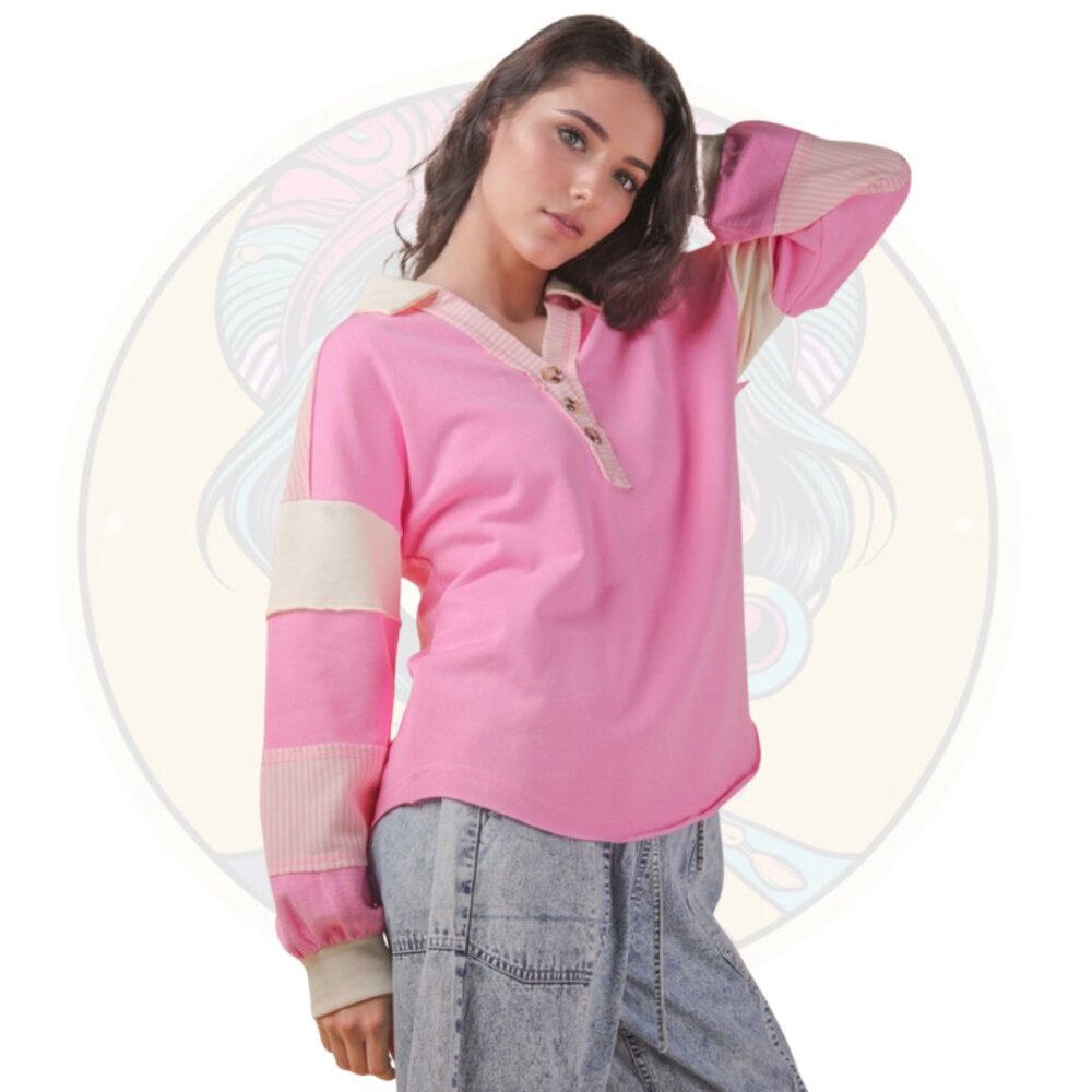 9C Color Block Stripe Casual Knit Top Pink Cream